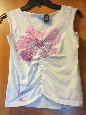 Guess White Tank Top with Pink & Blue Floral Graphic